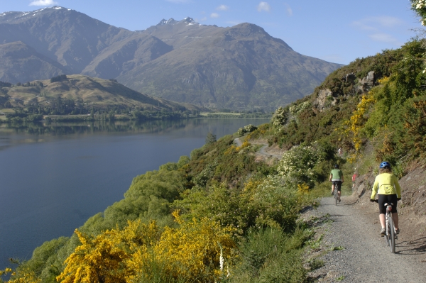 Cycling on Lake Hayes with lake showing